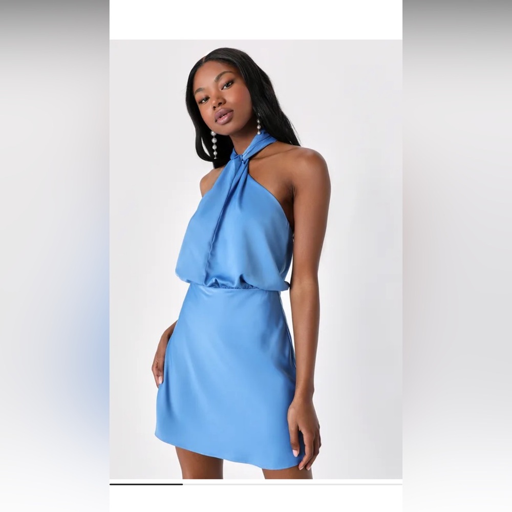 Lulus Sleek Essence blue satin halter sleeveless minidress